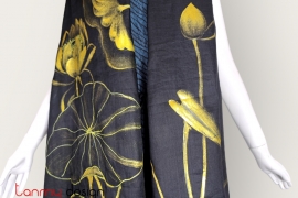 Black ramie scarf hand-painted with lotus